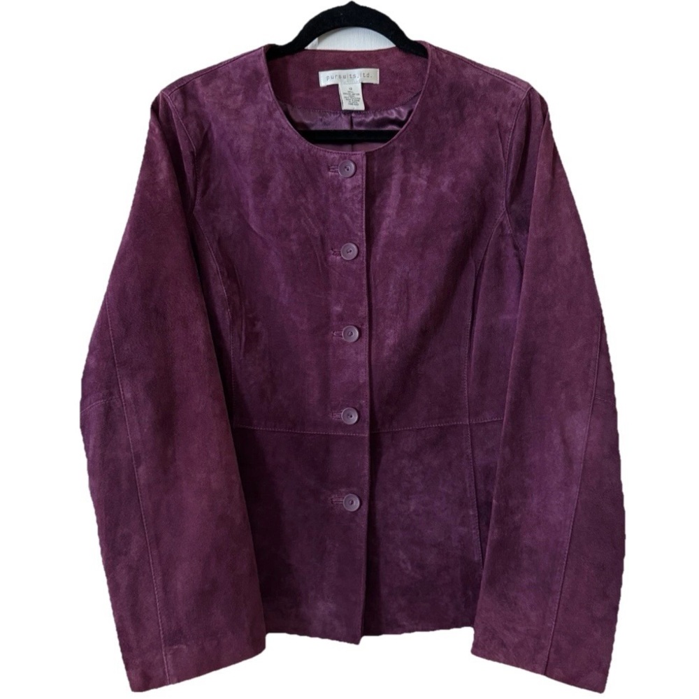 Pursuits Ltd Suede Leather Jacket Purple Collarless Button Front 12